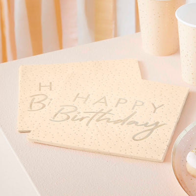 Pfirsichfarbene und goldene Happy Birthday Papierservietten | Boutique Ballooons