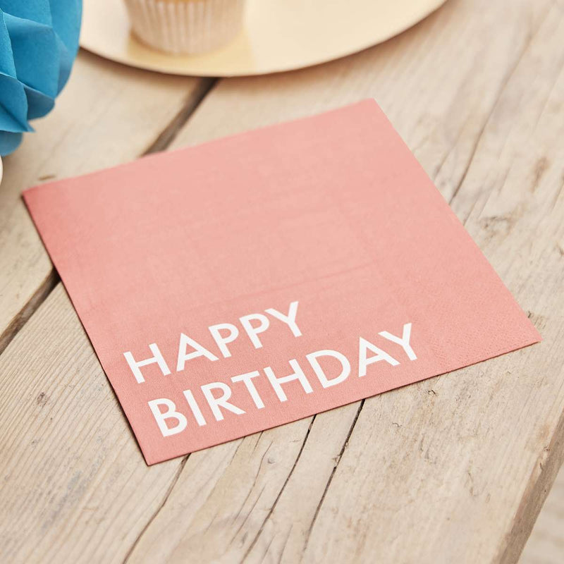 16 Eco Paper Napkins - Happy Birthday - Coral